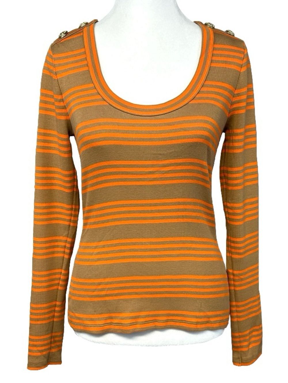 VERONICA BEARD Lizzie Orange & Brown Stripe Long Sleeve Knit Top Pima Cotton XS